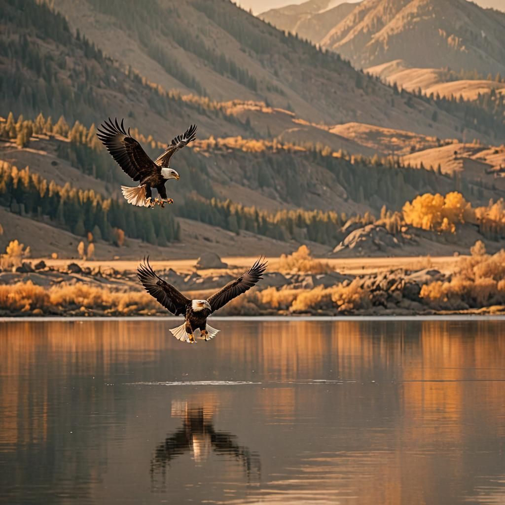 Eagles Soar Over Idaho's Serene Lake Landscapes in Warm Gold...