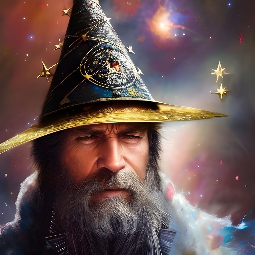 Detailed Wizard with Star Hat Watercolor Painting