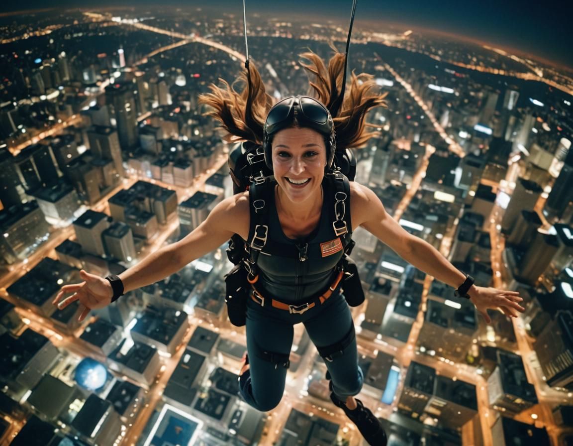 Woman Skydiving Over City at Night: Cinematic Film Still