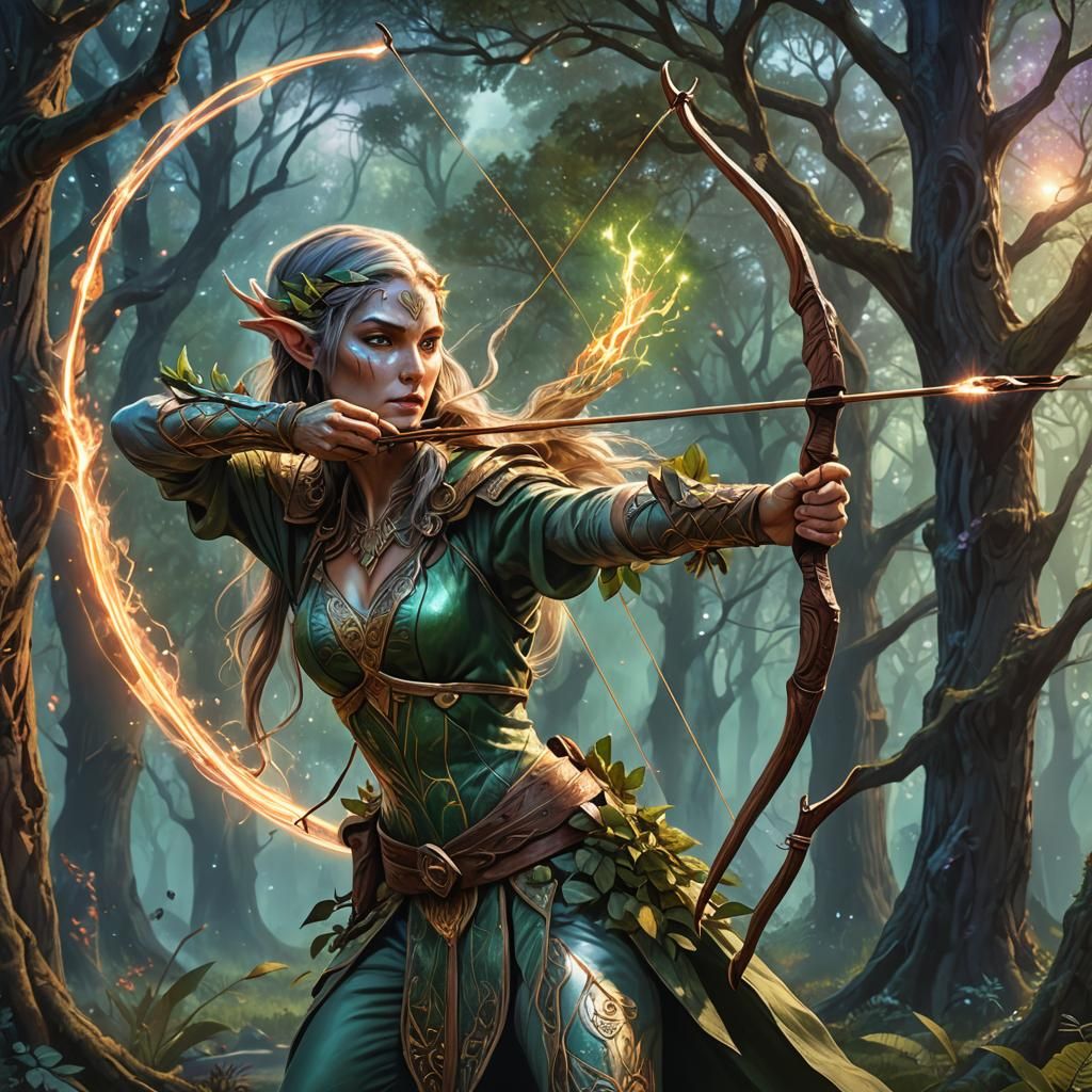 wood elf woman firing long bow. Tree in background