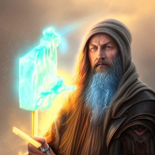 Ancient Wizard Casting Ice Bolt: Digital Portrait