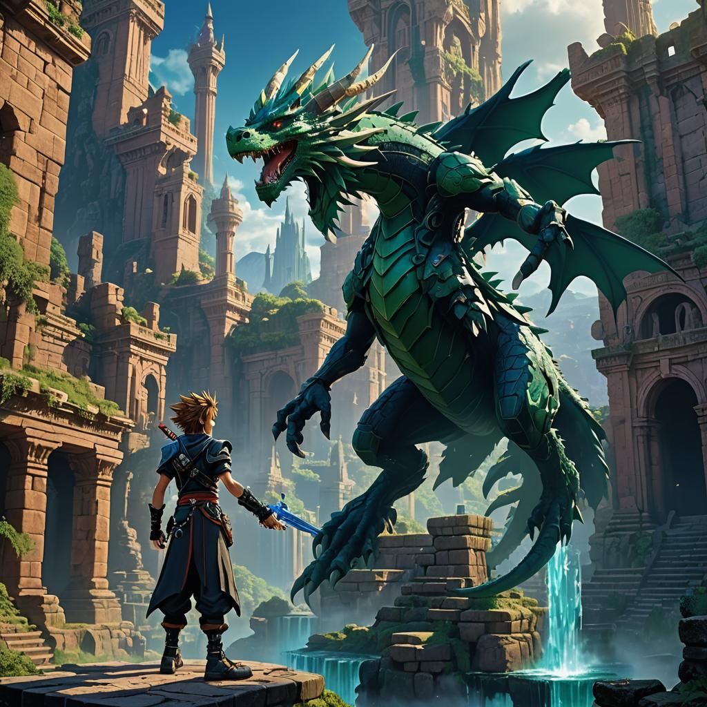 Axel Tames Dragon in Emerald and Sapphire Landscape