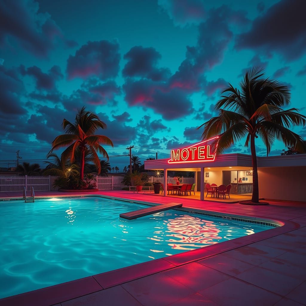 Neon Motel Pool at Dusk in Serigraphy Style