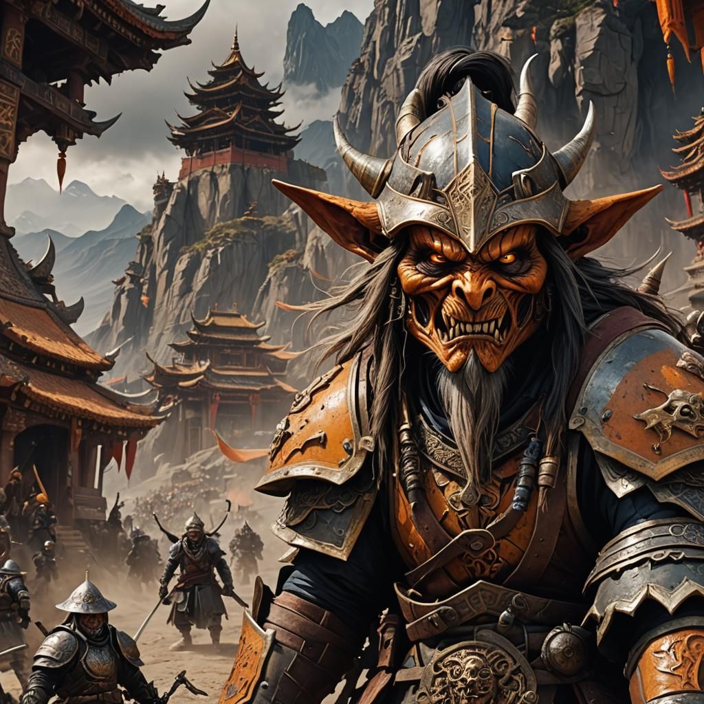 Orange Goblin with Samurai Helmet, Digital Matte Painting