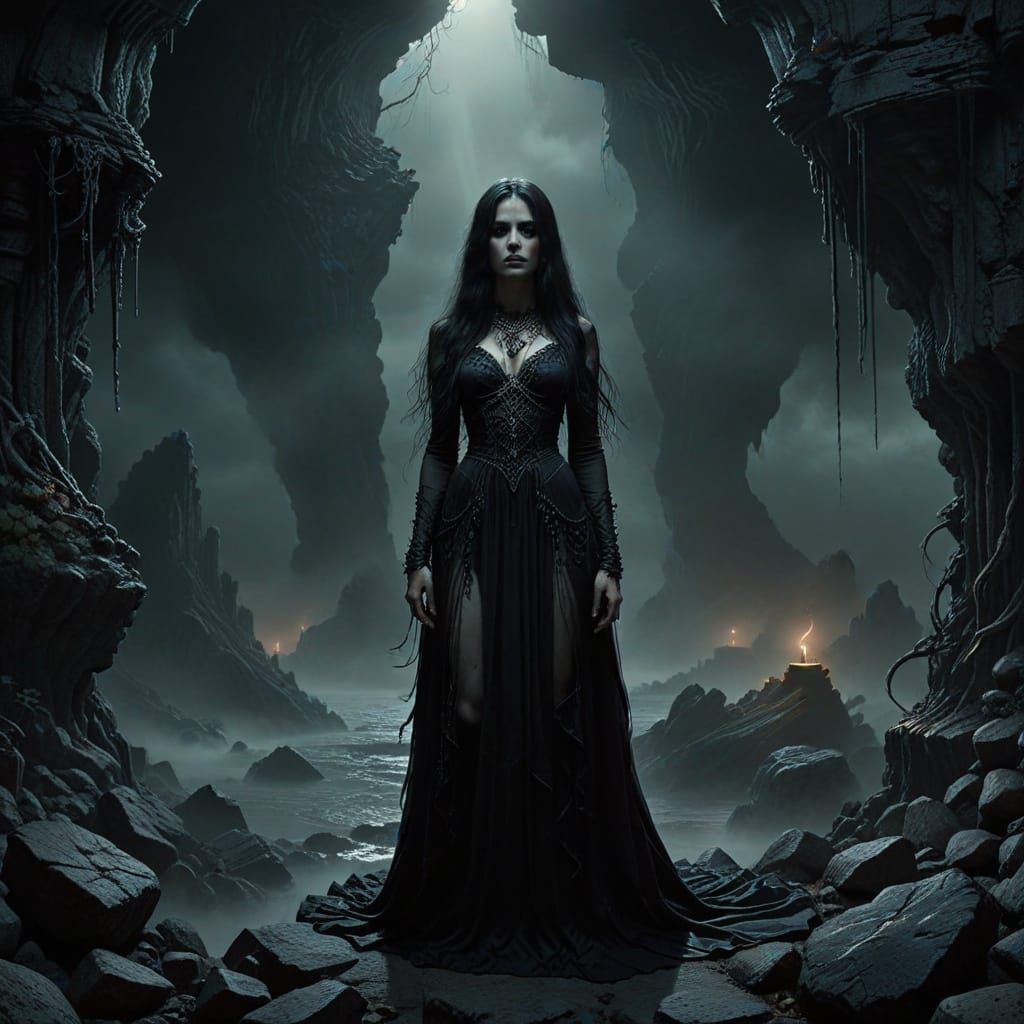 Gothic Woman Gazing into Misty Abyss: Beksiński-Inspired Dar...