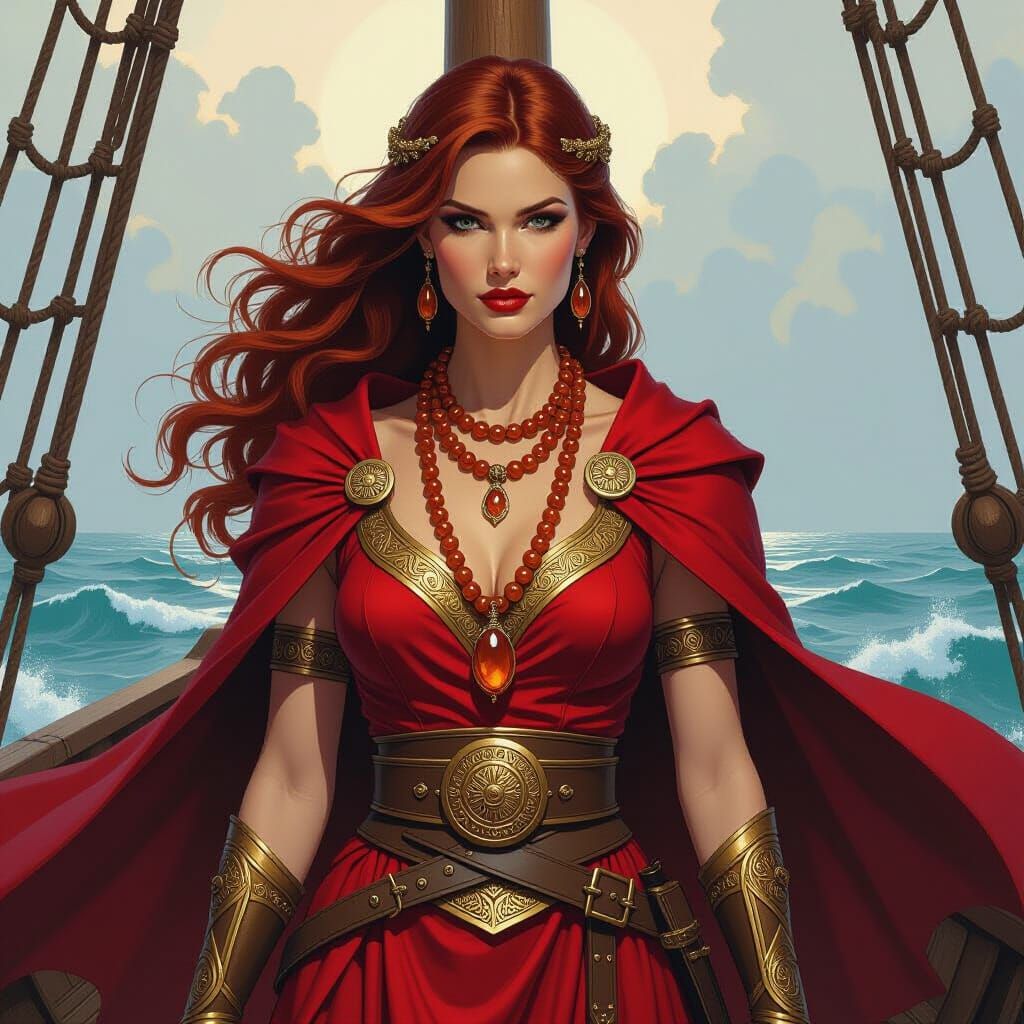 Viking Queen on Ship in Fantasy Art Style
