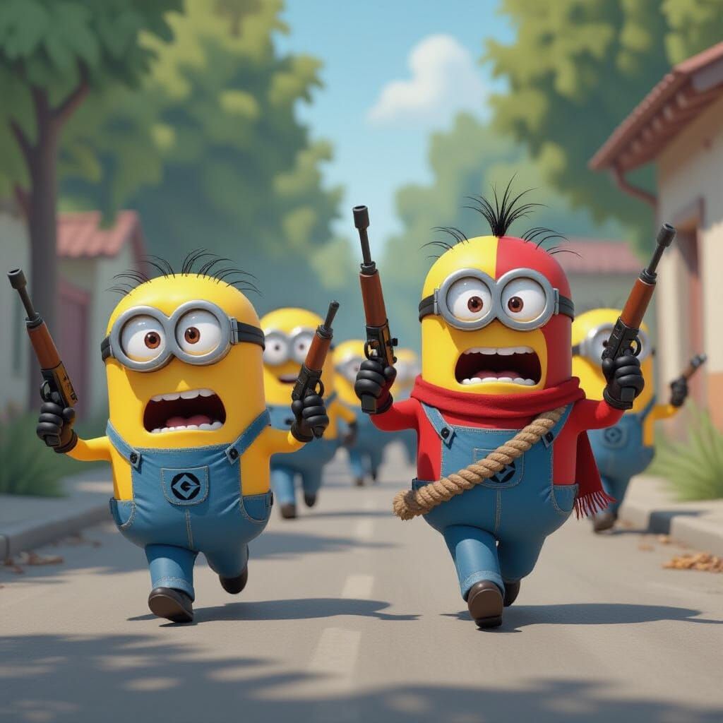 Angry Minions Chase Gru with Weapons