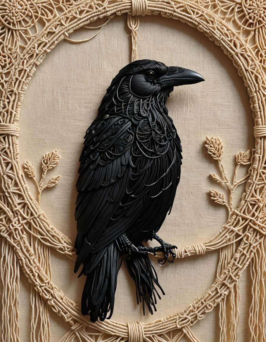Intricate Macrame Crow Fiber Art on Linen