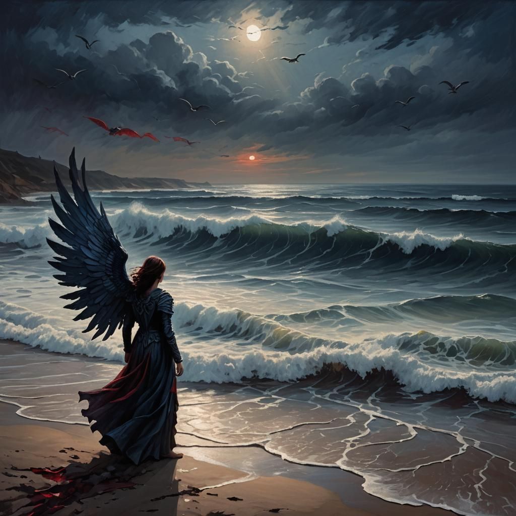 Dark Angel on Desolate Beach in Dark Fantasy Style