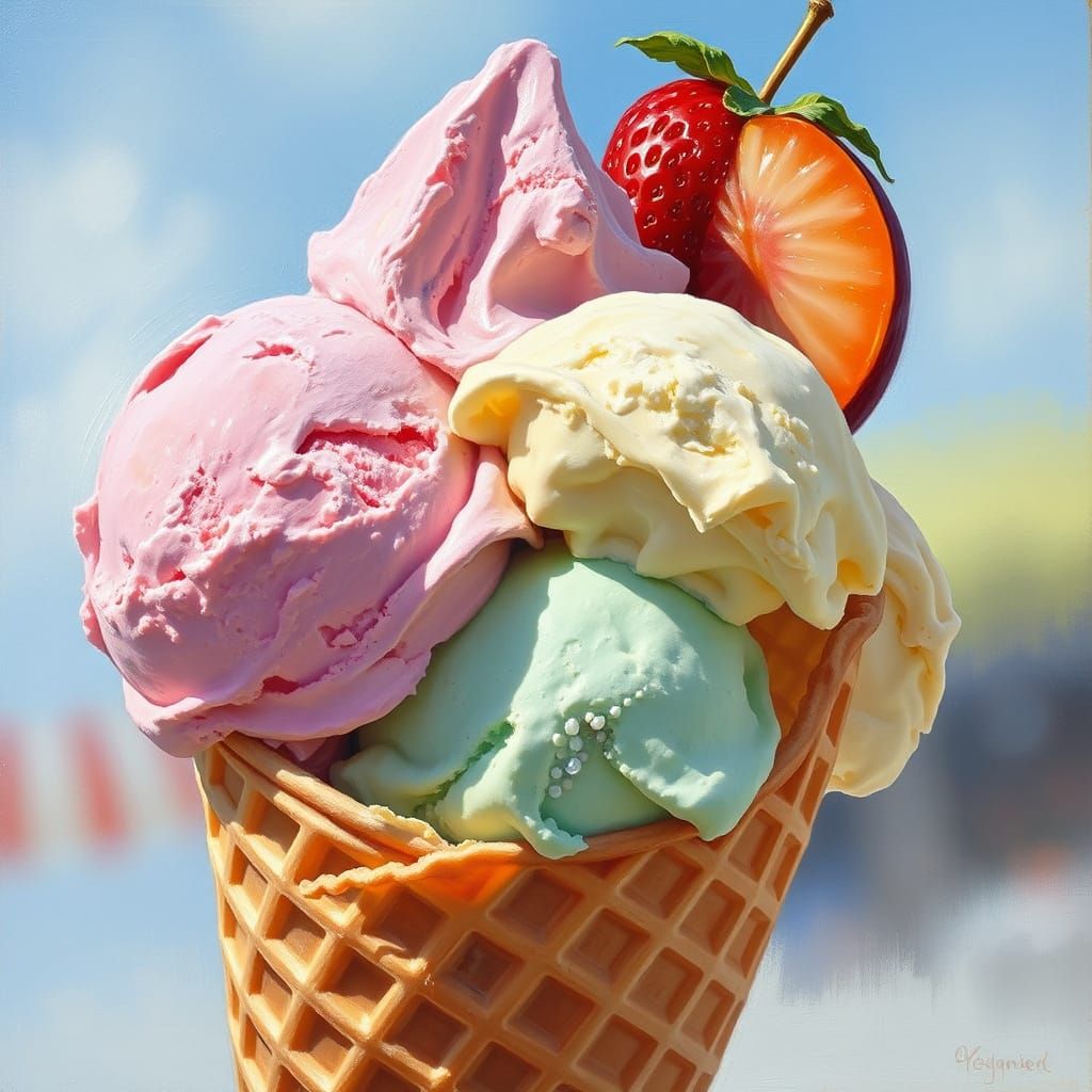 Vibrant Fruit Ice Cream Scene in Waffle Cone, Oil Painting S...