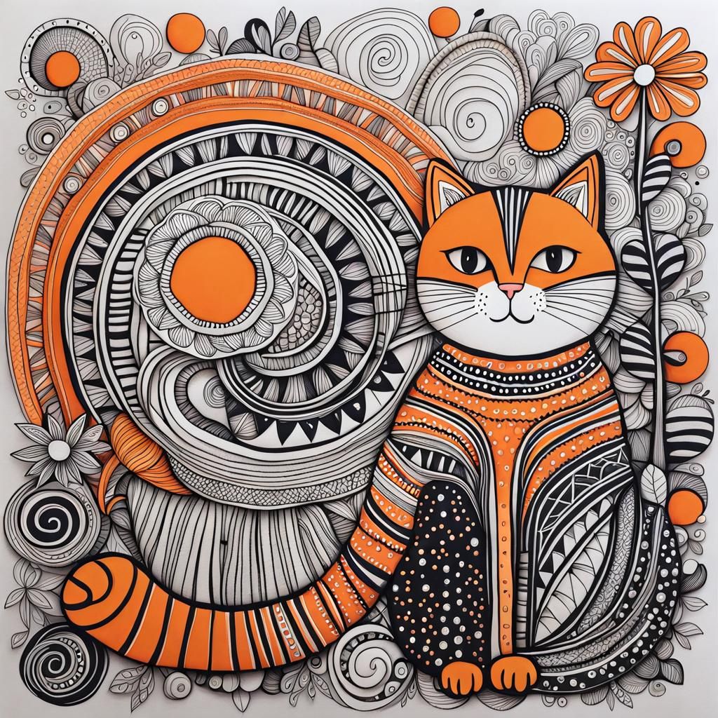 Happy Orange Cat World in Zentangle Doodle Style