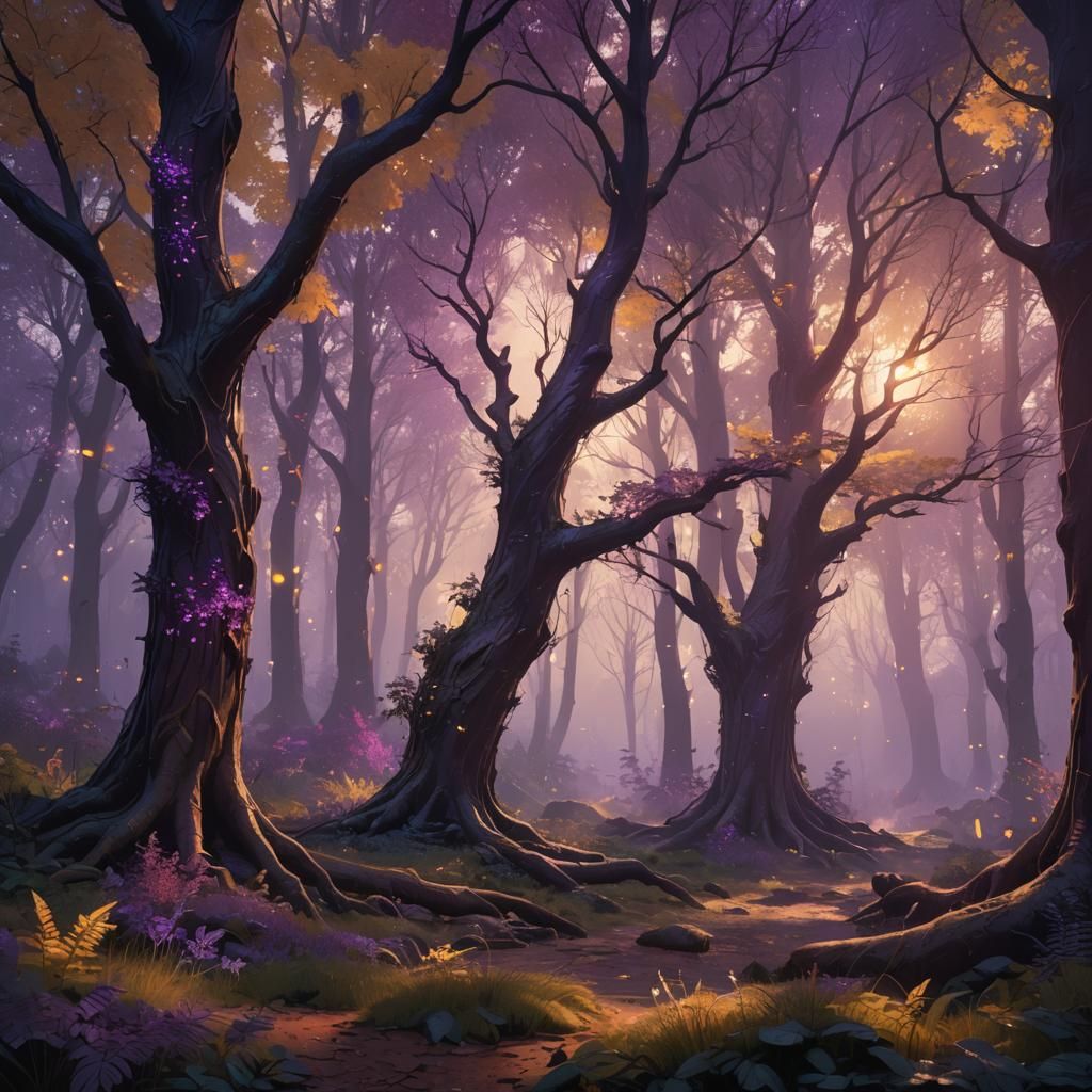 Mystical Forest with Iridescent Purple Leaf Trees