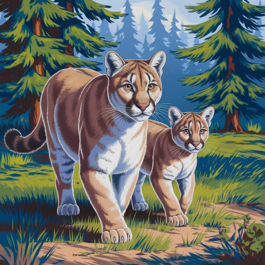 Cougar and Cubs in Pacific Northwest: Impasto Painting