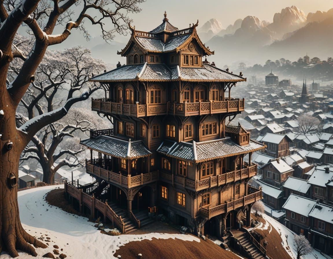 Steampunk House Under Oak Tree Panorama