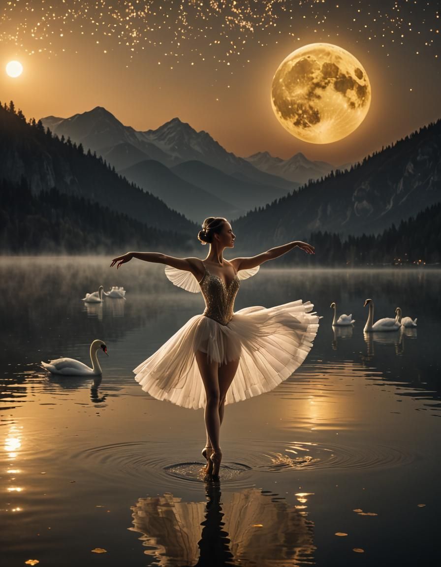 Ballerina's Swan Lake Ballet Under Moonlight