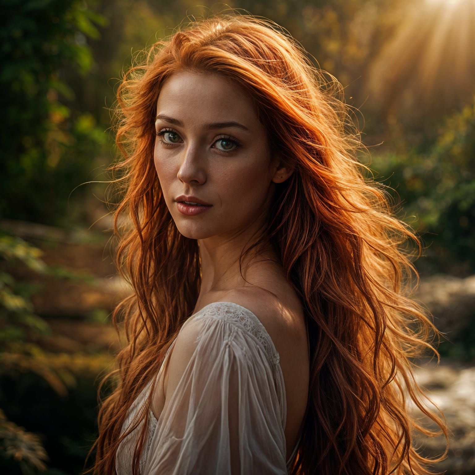 Sensuous Woman with Flowing Honey-Red Hair
