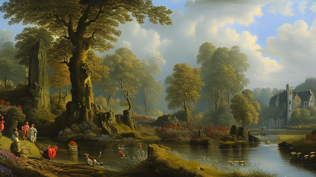 Constable-esque English Landscape with Village and Colorful ...