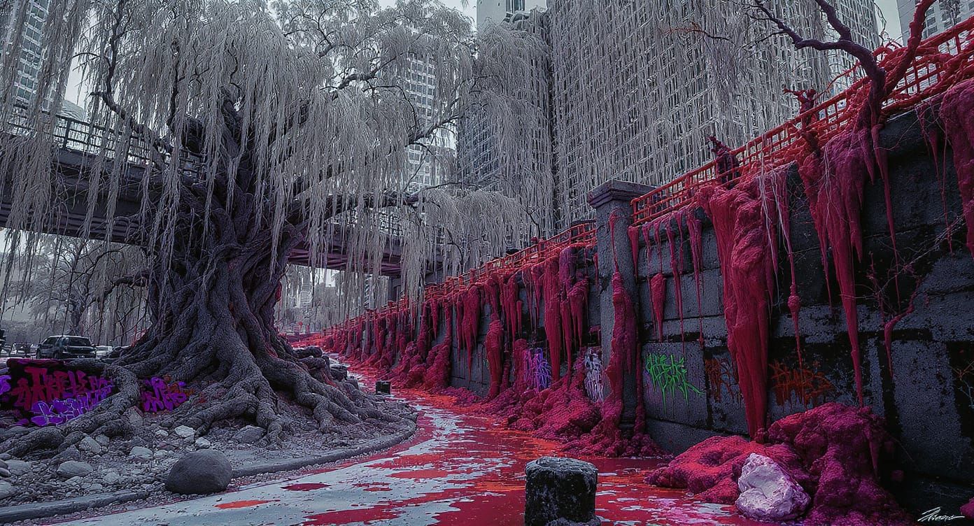 Surreal City Entangled by Giant Willow, Infrared Style