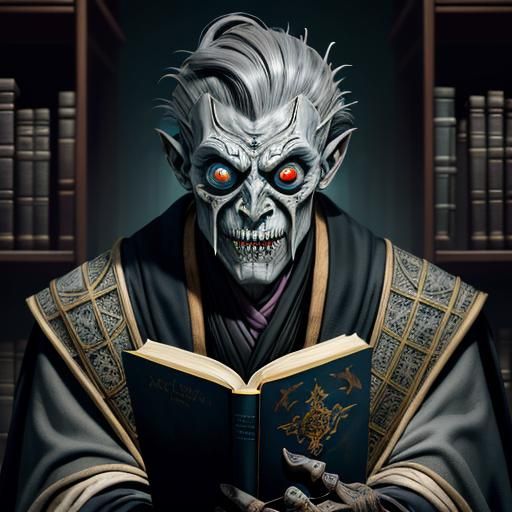 Hideous Monster in Dark Library: Detailed Matte Painting