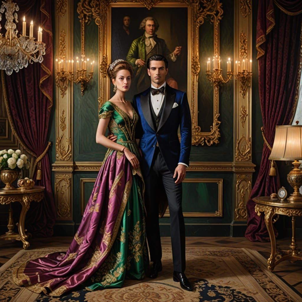 Elegant Couple in Baroque Oil Painting