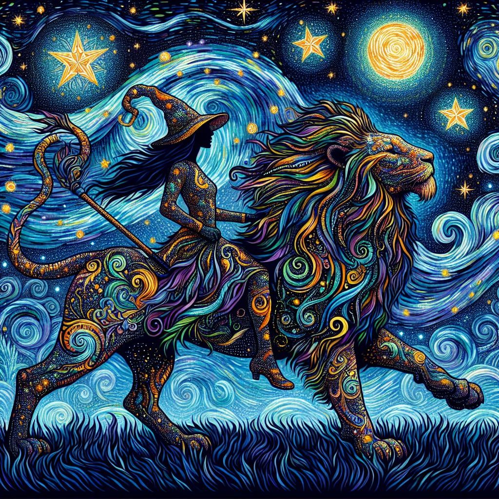 Cosmic Witch Rides Lion in Post-Impressionist Starry Night