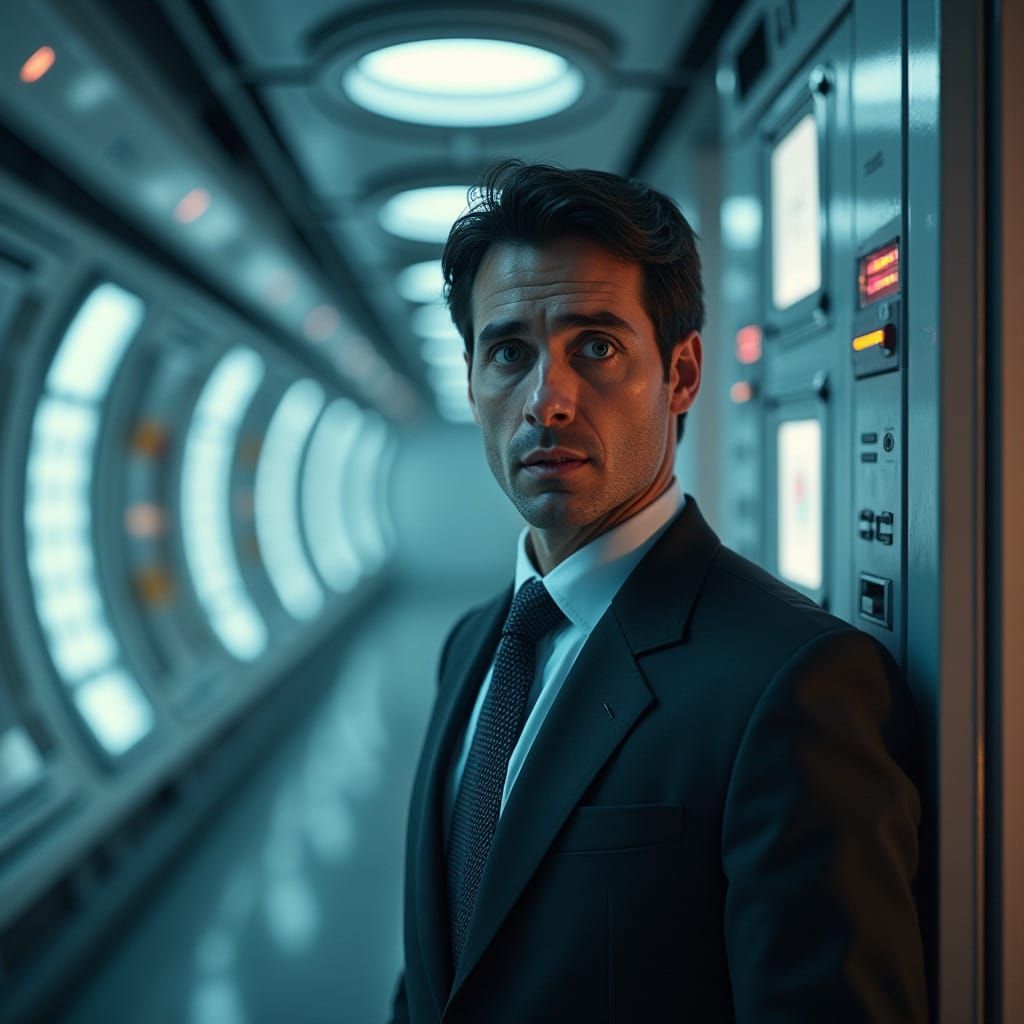 Astonished Executive in Futuristic Space Station Corridor