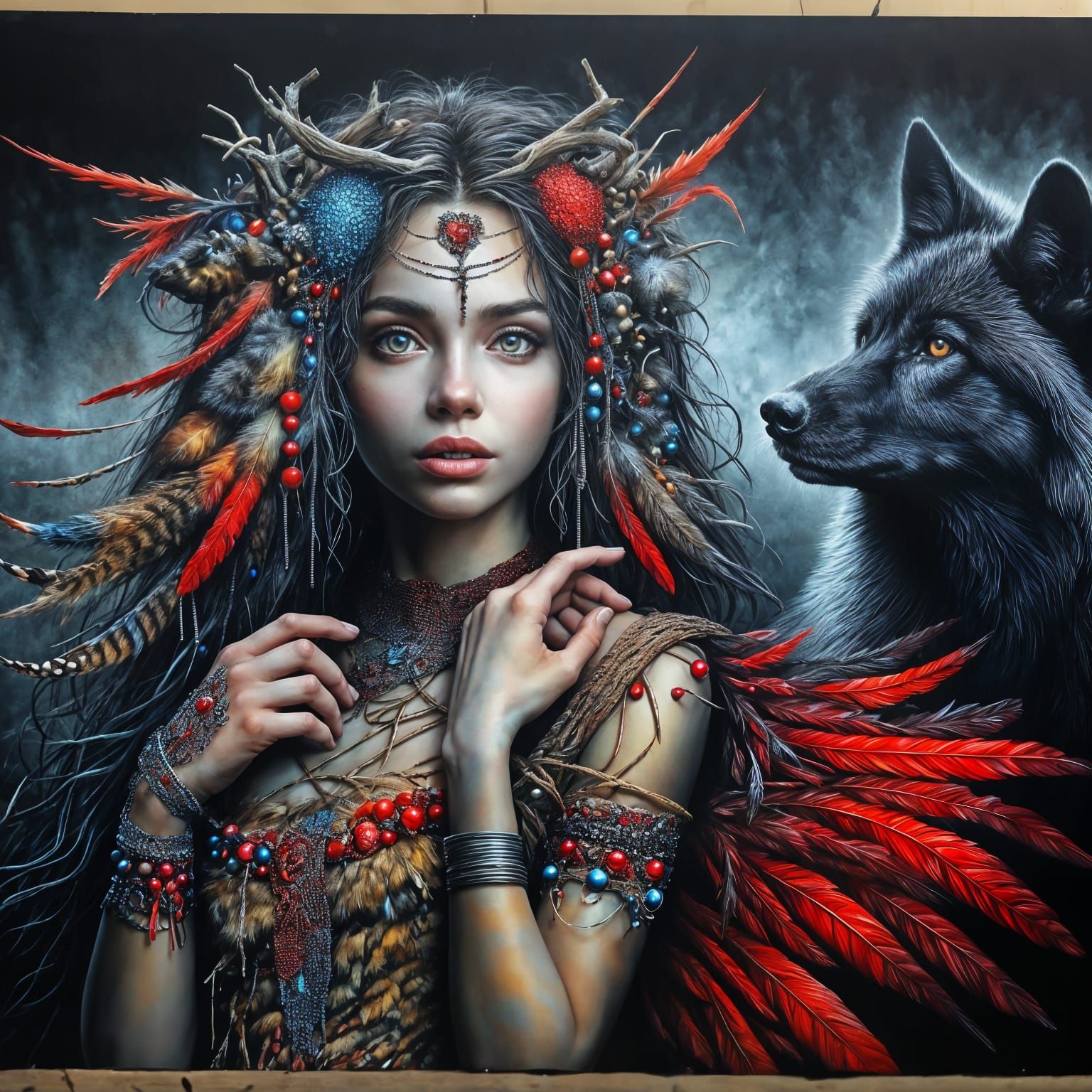 Fairy with Wolf in Oil and Airbrush Portrait