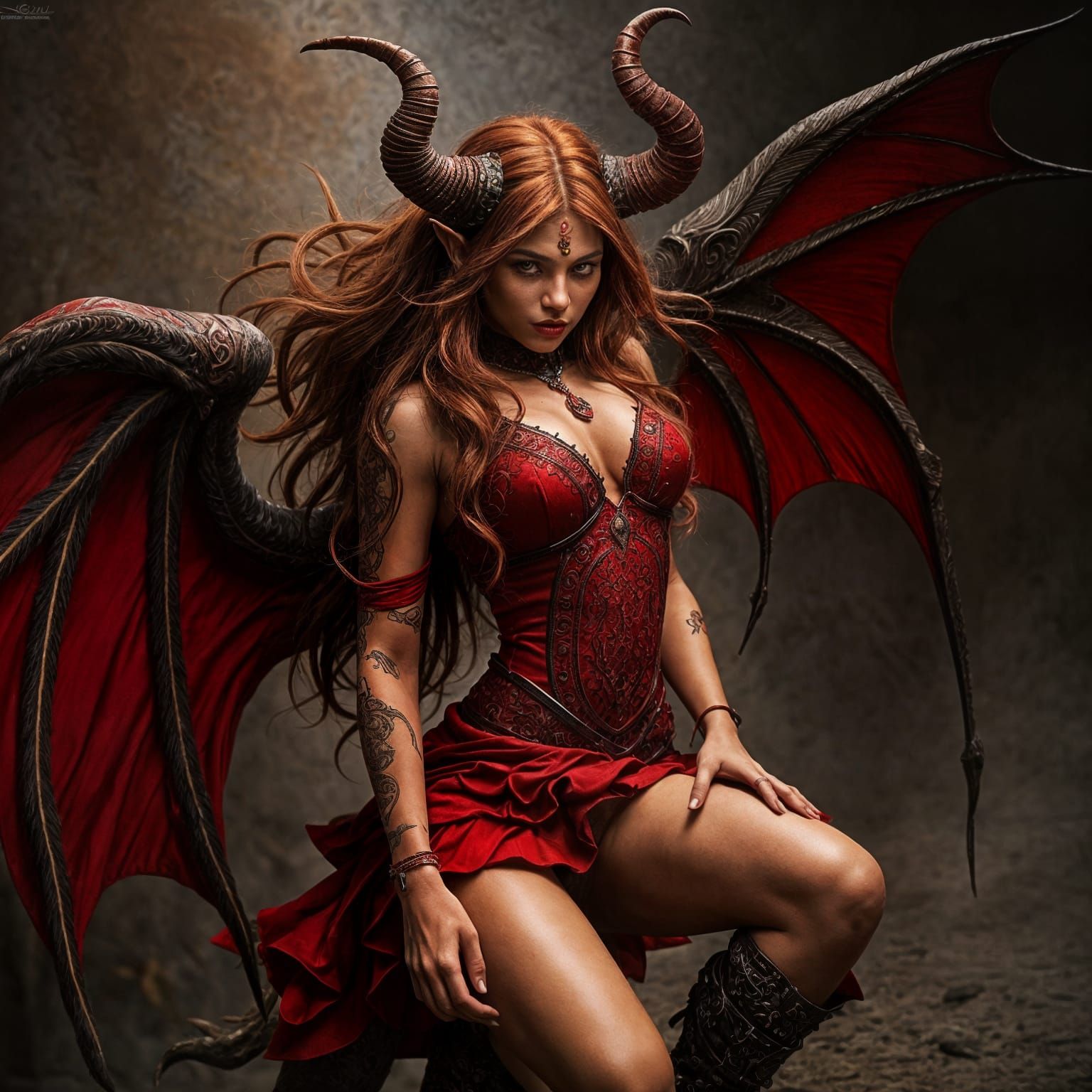 Hyperrealistic Red Devil Woman in Intricate Red Dress