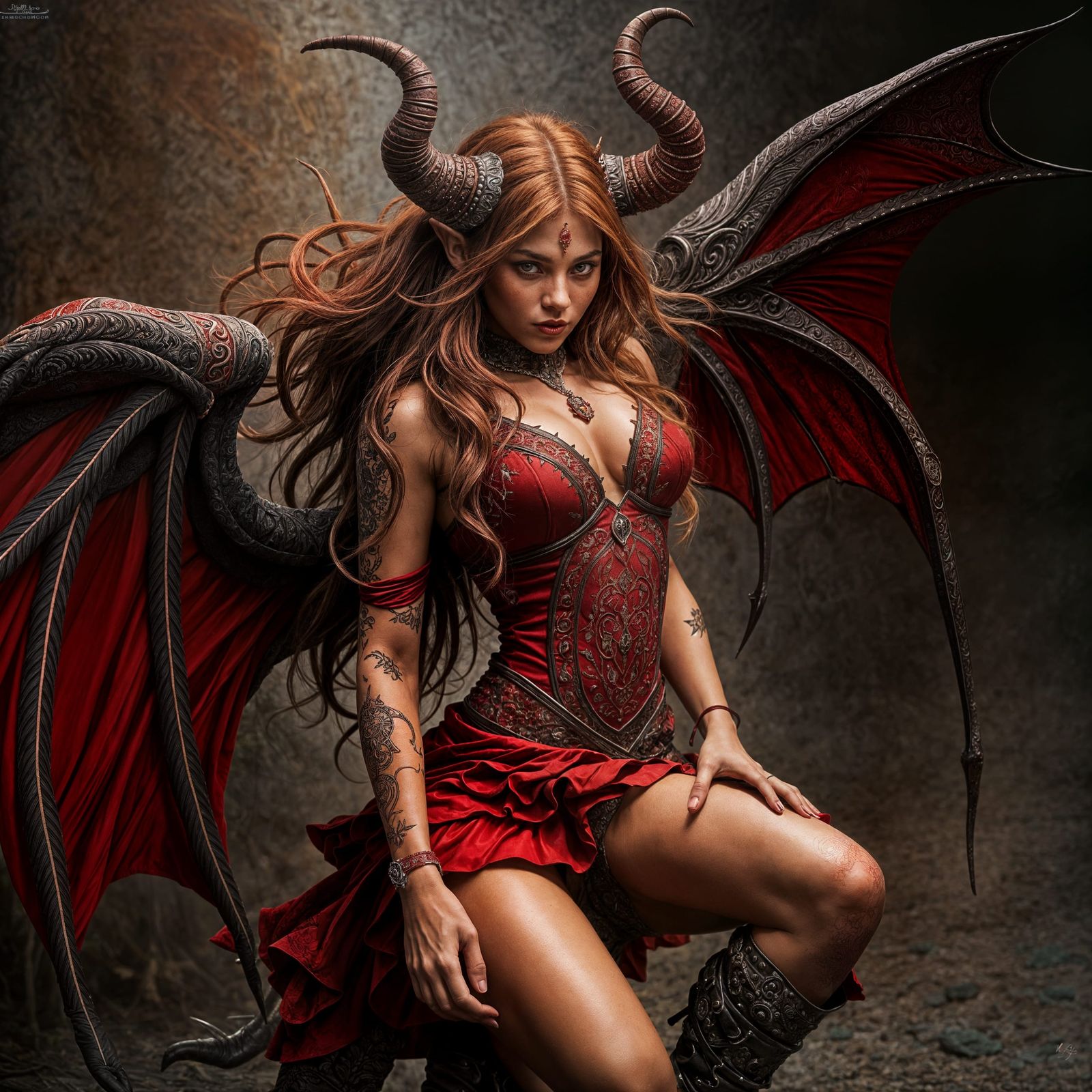 Hyperrealistic Devil Woman in Intricate Red Dress