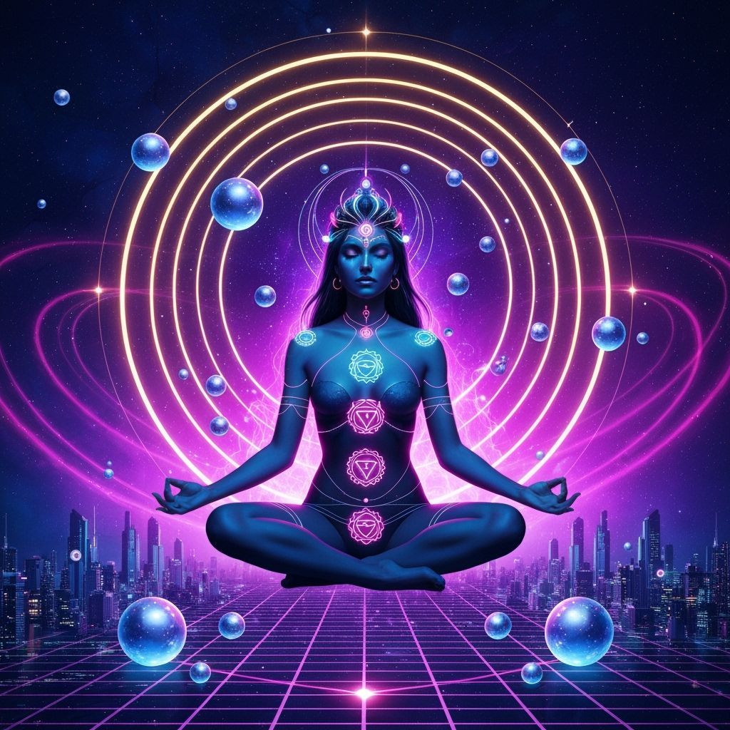 Meditating Woman with Glowing Chakras in Cyberpunk Cosmos