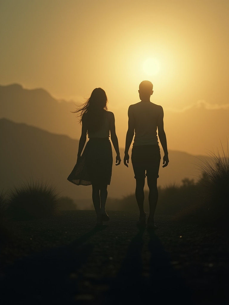 Silhouetted Friends Parting in Desolate Cinematic Landscape