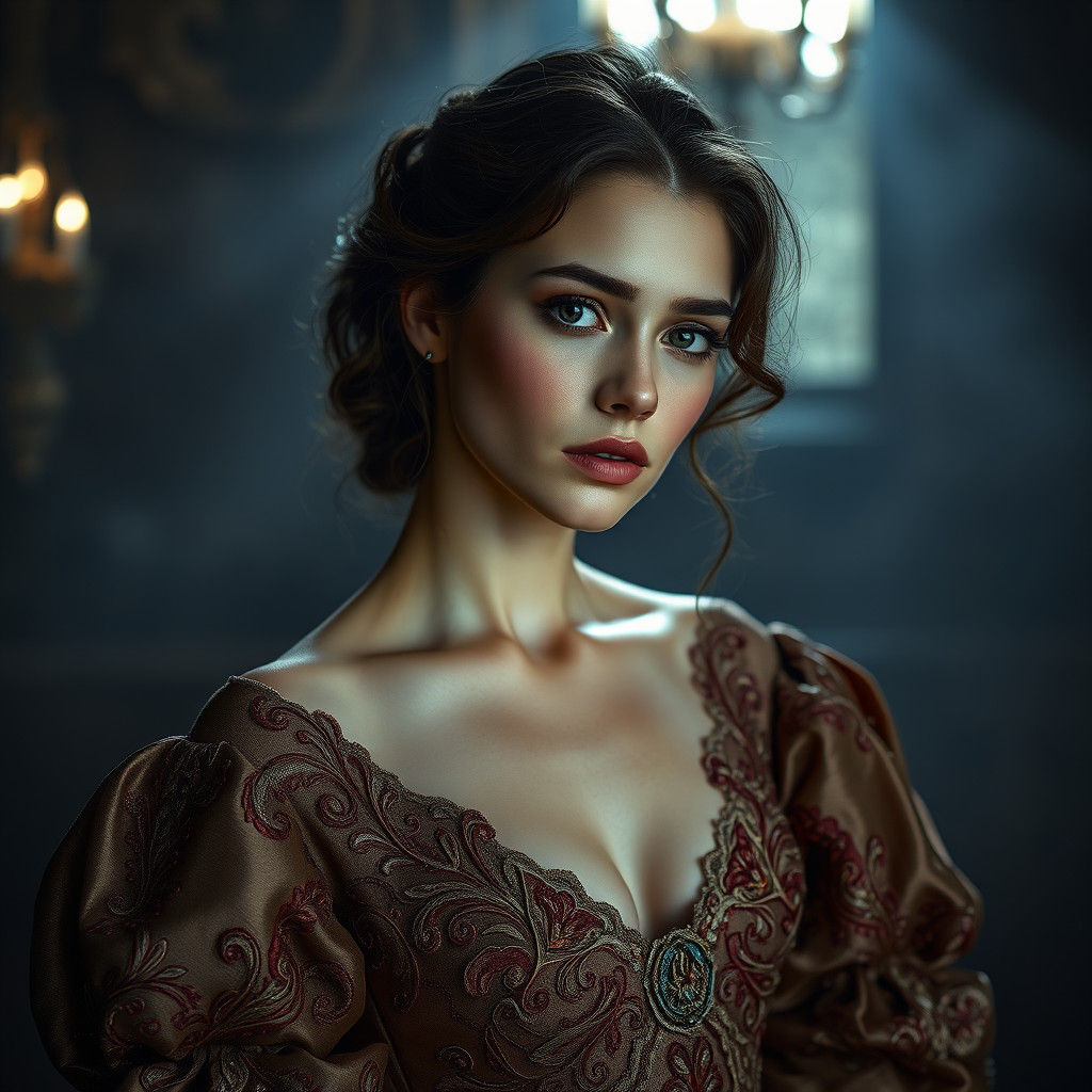 Woman in Embroidered Gown: Hyperrealistic Cinematic Portrait