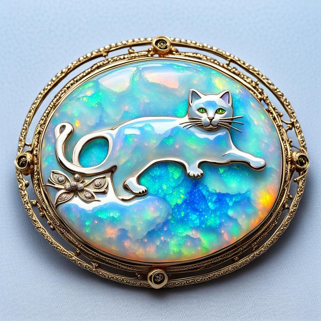 Opal Brooch with Cat Bas-Relief Carving