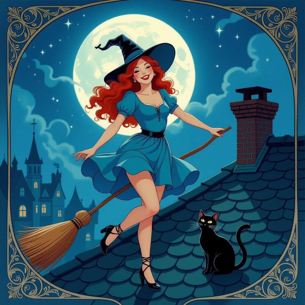 Redhead Witch Dances with Black Cat Under Moonlight