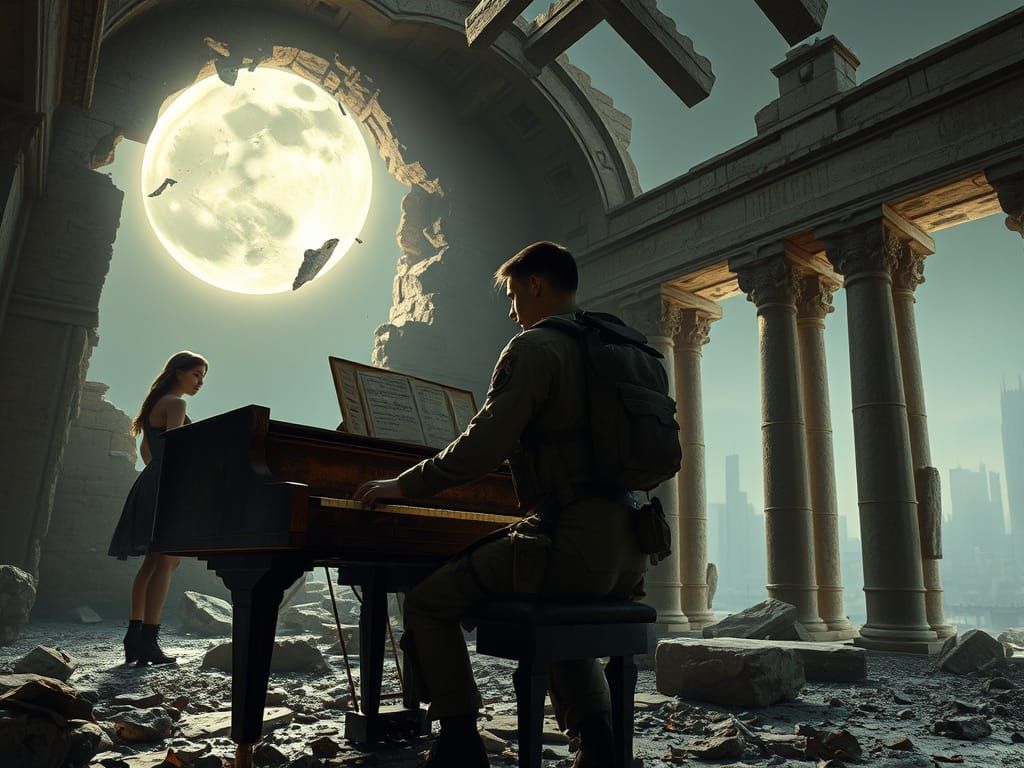 Soldier Plays Piano in Ruined Temple Under Shattered Moonlig...