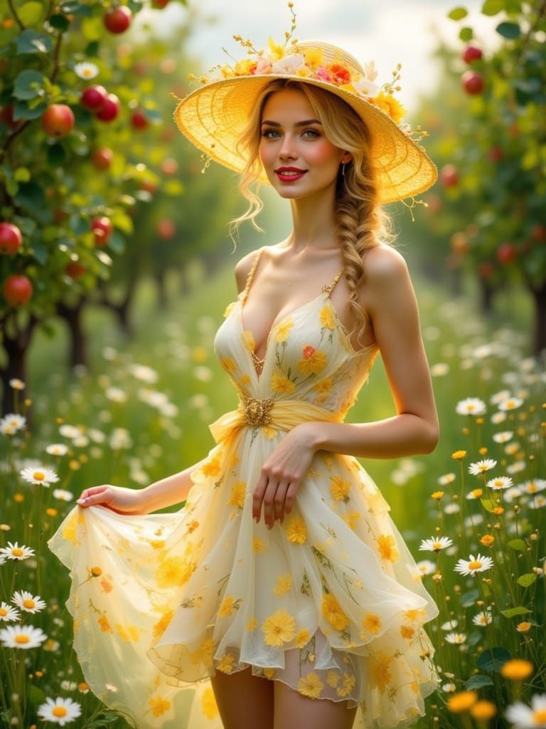 Blonde Model in Orchard, Impressionist Style