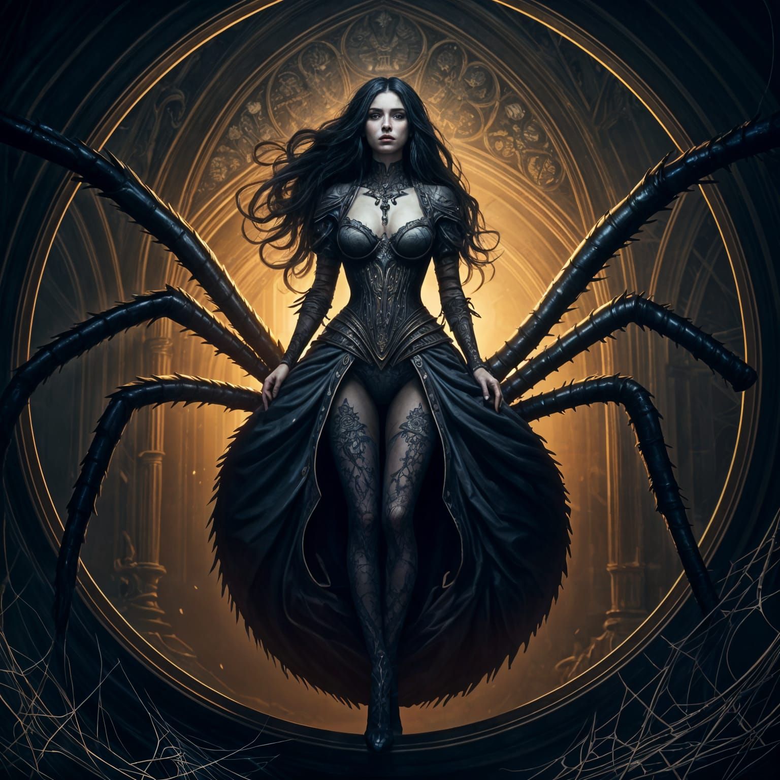 Elegant Dark Fantasy Goddess Amidst Web of Golden Delicacy