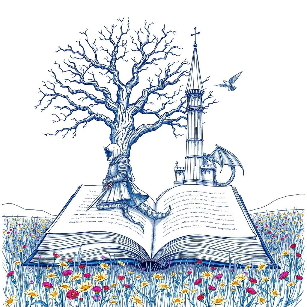 Fantasy Knight and Dragon Emerge from Open Book