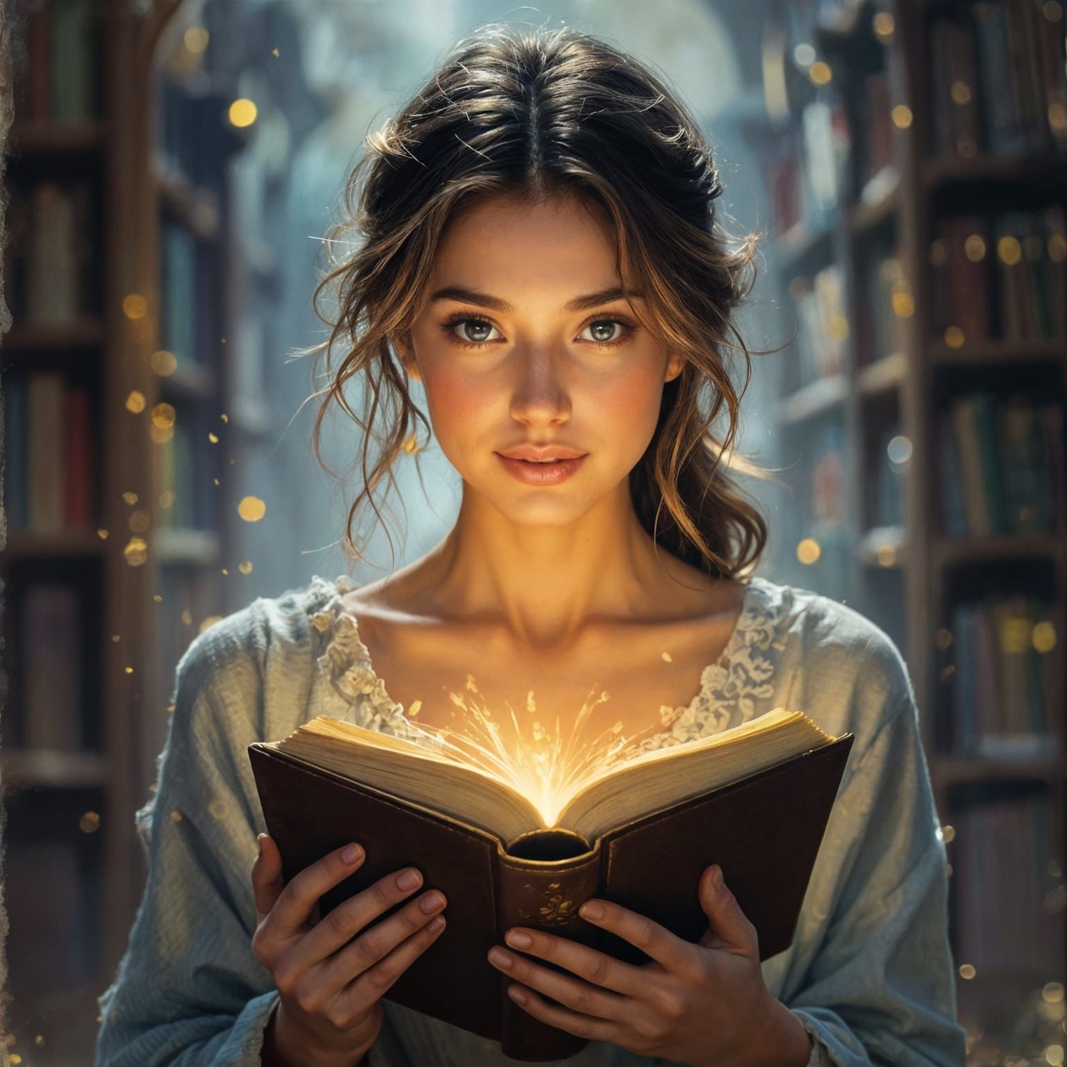 Serene Woman Reading Glowing Book: Oil Painting