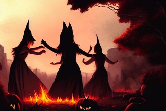 Witches Dance with Halloween Monster, Anime Style