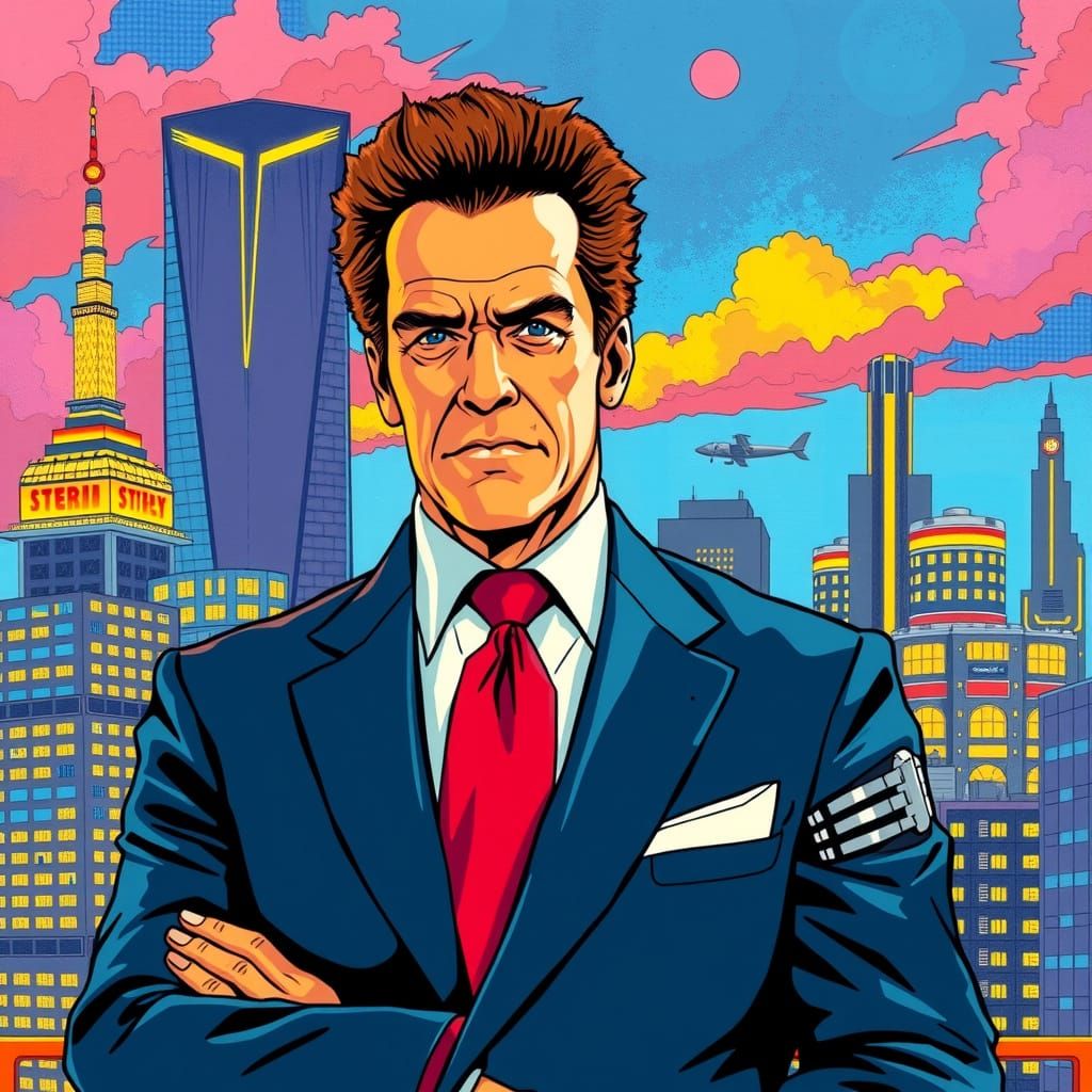 Cyberpunk CEO of Skynet AI in a Dreamlike Cityscape