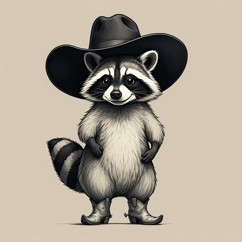 Whimsical Cartoon Raccoon in Oversized Cowboy Hat
