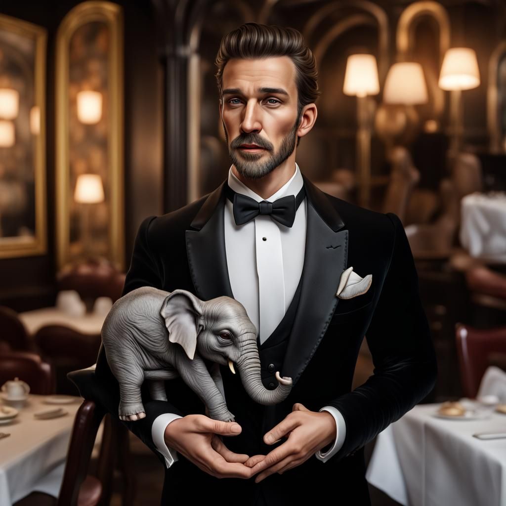Italian Man Holding Elephant in Restaurant, Photorealistic