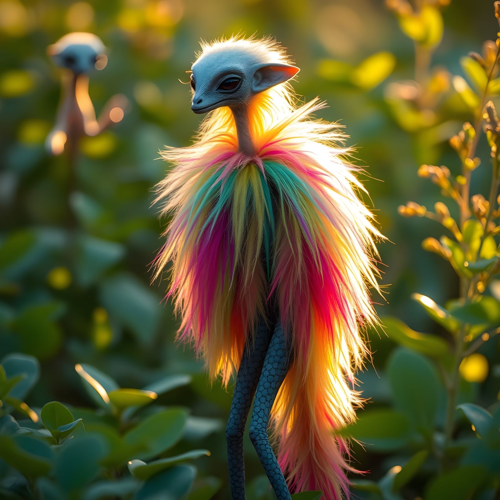 Tall Alien in Vibrant Foliage with Golden Sun Rays
