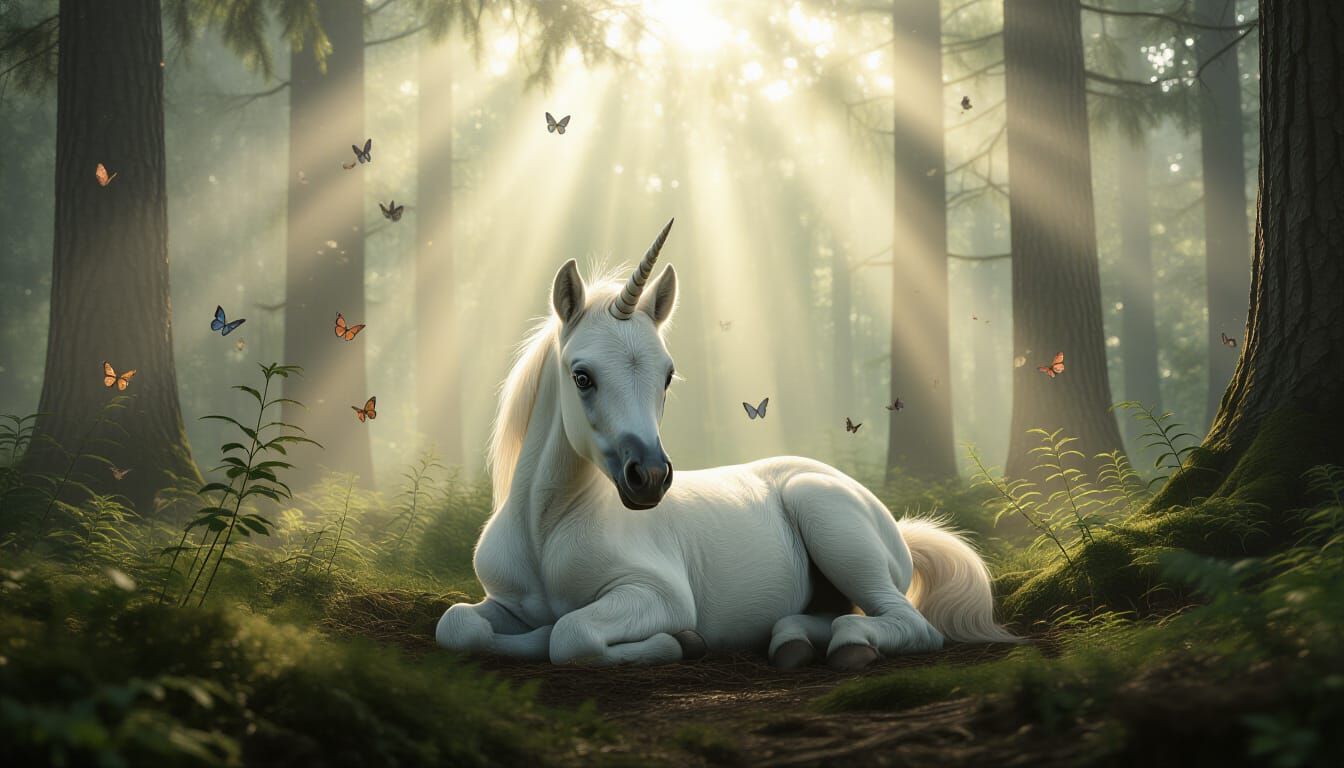 Unicorn Foal in Misty Forest, Cinematic Style