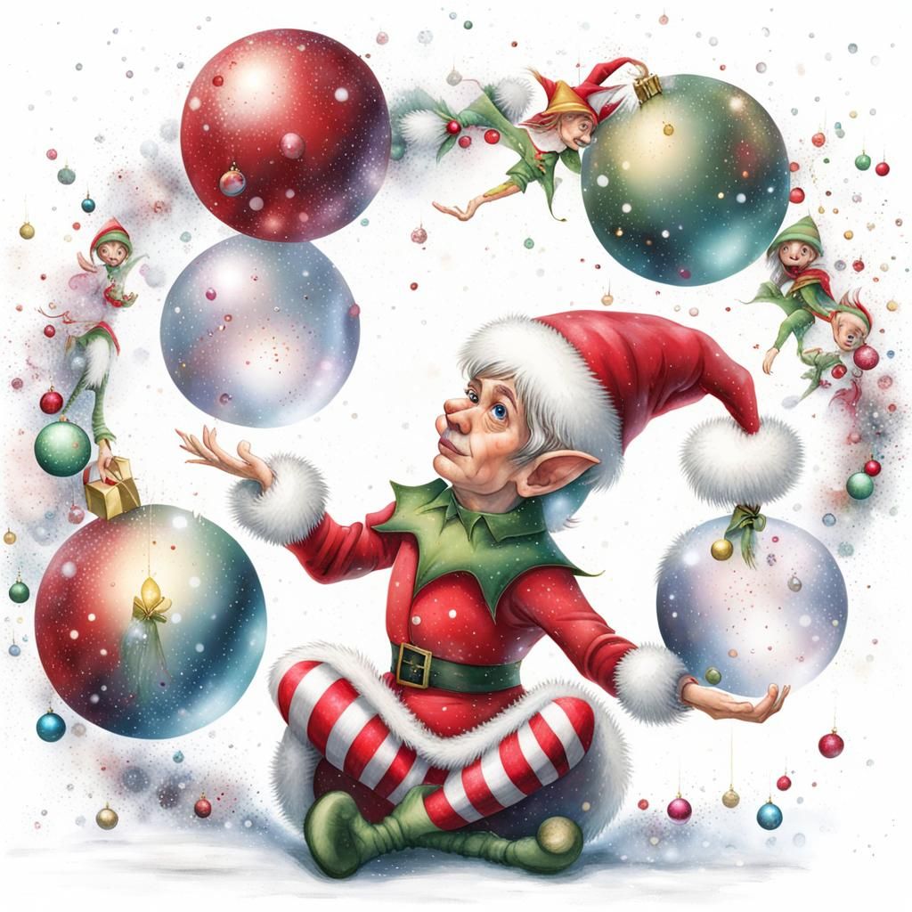 Elf juggling Christmas baubles