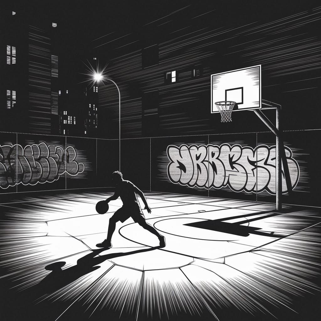 Basketball Player in Black and White Etching