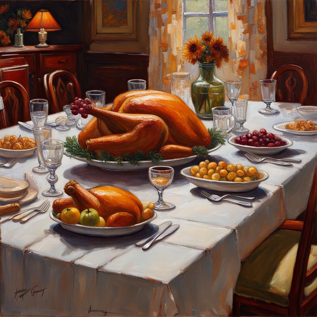 Thanksgiving Feast Tablescape in Oil Painting Style