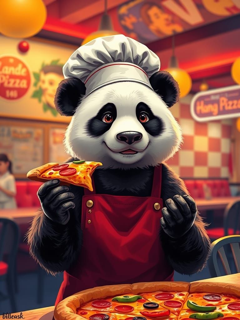 Panda Chef Serves Pizza: Hyperrealistic Digital Art