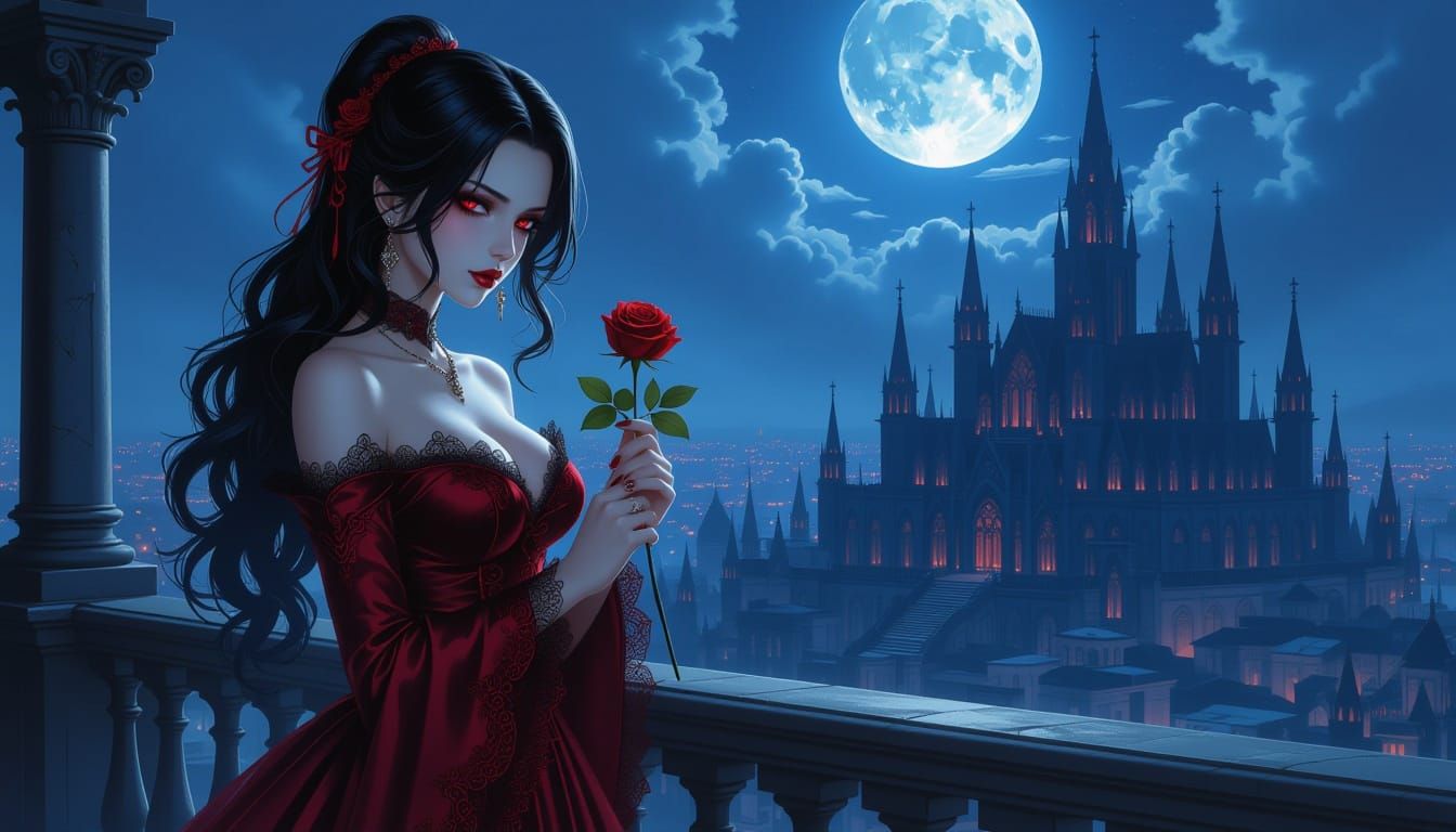 Demonic Necromancer on Moonlit Balcony Overlooking Gothic Ci...